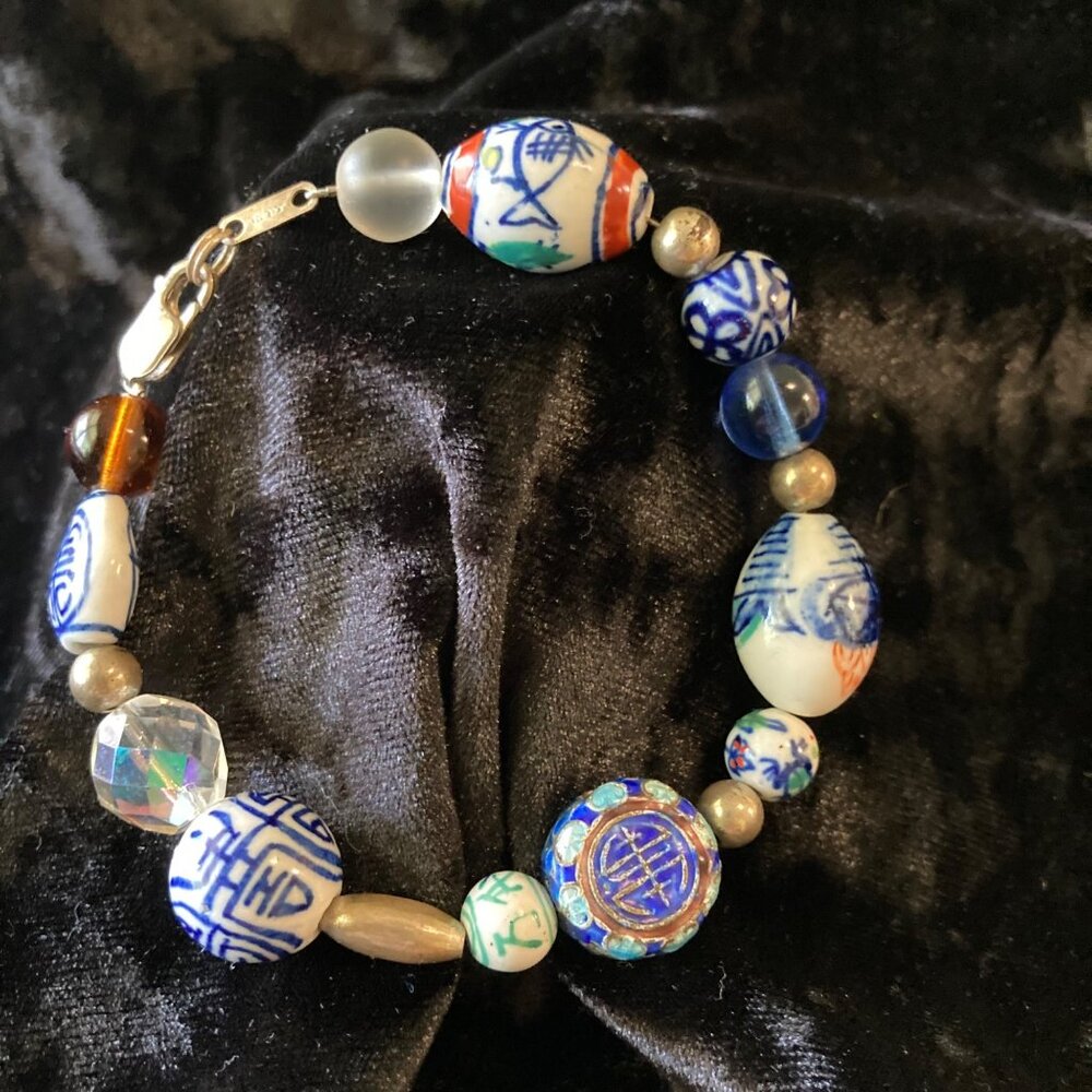 Sterling 925 Ceramic Glass Cloisonne Beaded Bracelet‎ Chinese Jordan 8"